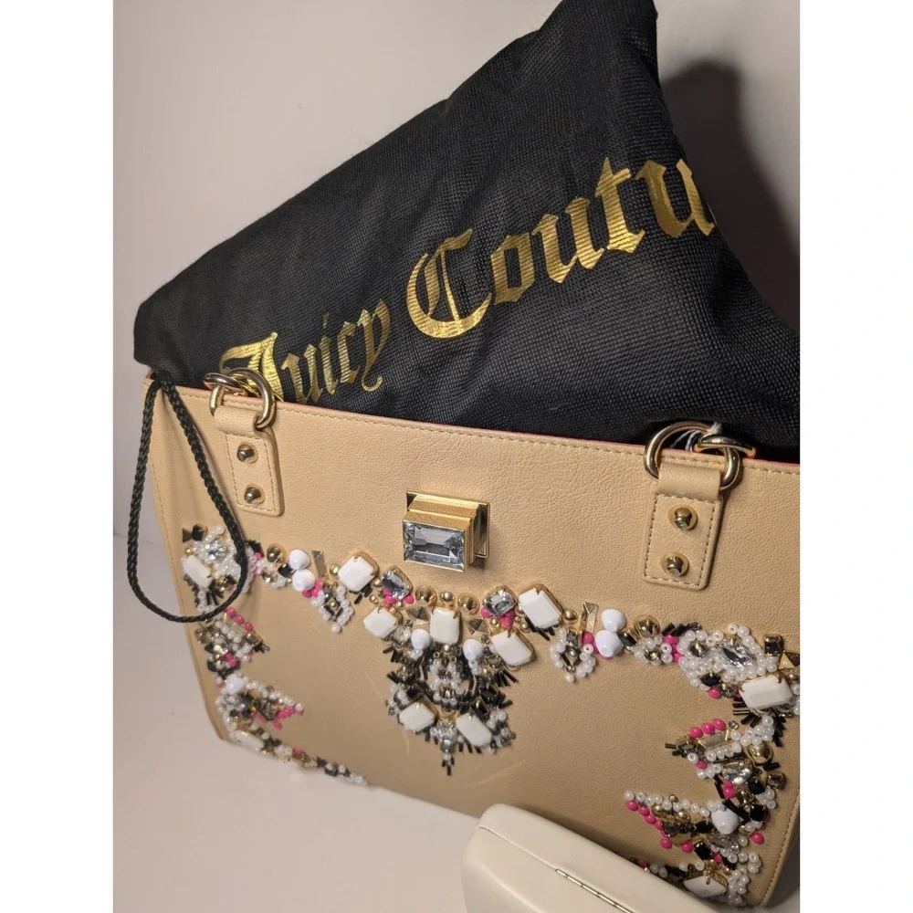 Juicy Couture Freya Genuine Leather Satchel Bejeweled Cream Gold NWT Dust Bag